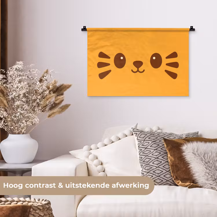 Kat - Simplistisch - Oranje - Vrolijk Wandkleed katoen klein -sfeer1