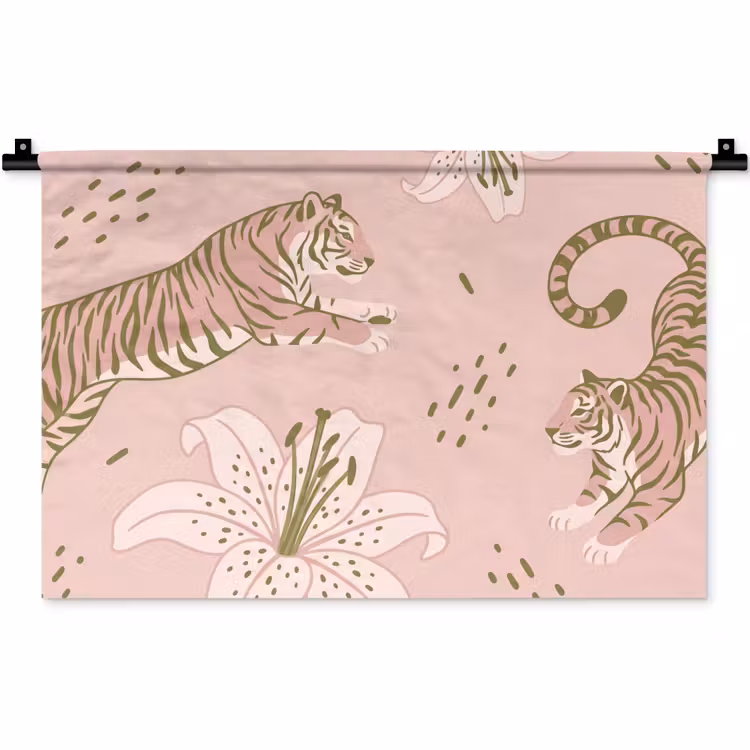 Kat - Springend - Bloemen - Abstract - Roze Wandkleed katoen klein -zz3d