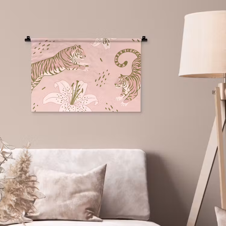 Kat - Springend - Bloemen - Abstract - Roze Wandkleed katoen klein -sfeer4