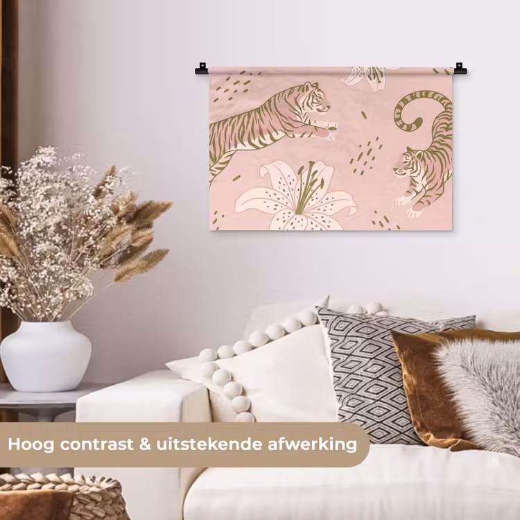 Kat - Springend - Bloemen - Abstract - Roze Wandkleed katoen klein -sfeer1