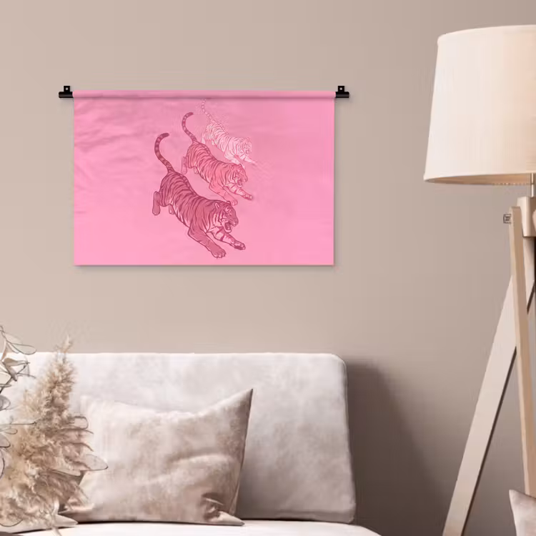 Kat - Springend - Dieren - Roze - Modern Wandkleed katoen klein -sfeer4