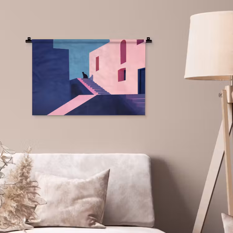 Kat - Trap - Gebouwen - Schaduwcontrasten Wandkleed katoen klein -sfeer4