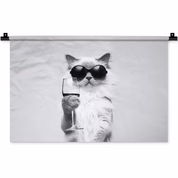 Kat - Zonnebril - Wijnglas - Langharig Wandkleed katoen klein -zz3d