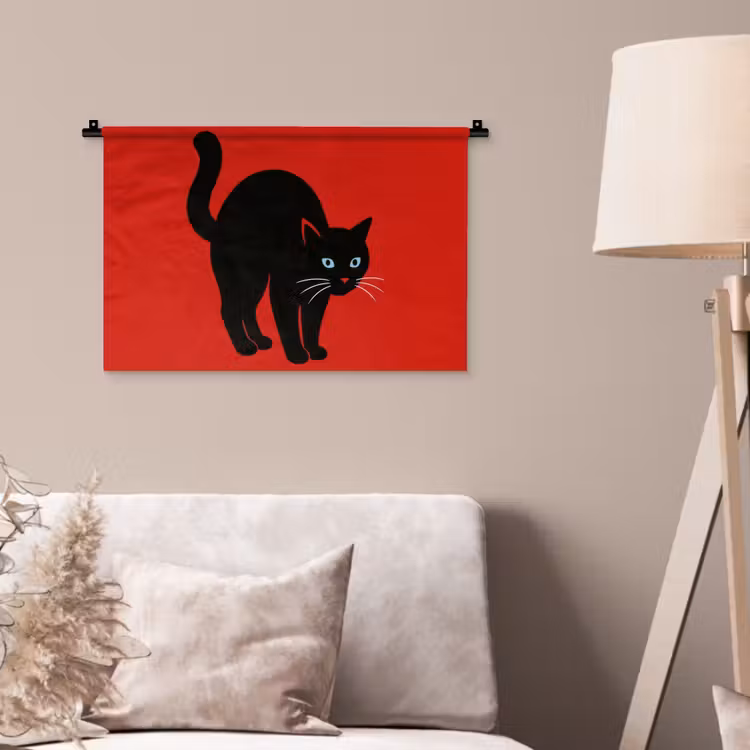 Kat - Zwart - Staart Wandkleed katoen klein -sfeer4