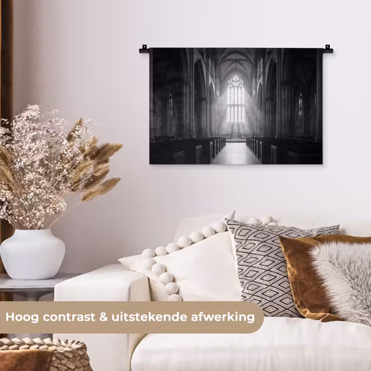 Kerk - Interieur - Lichtstralen - Architectuur - Klassiek Wandkleed katoen klein -sfeer1
