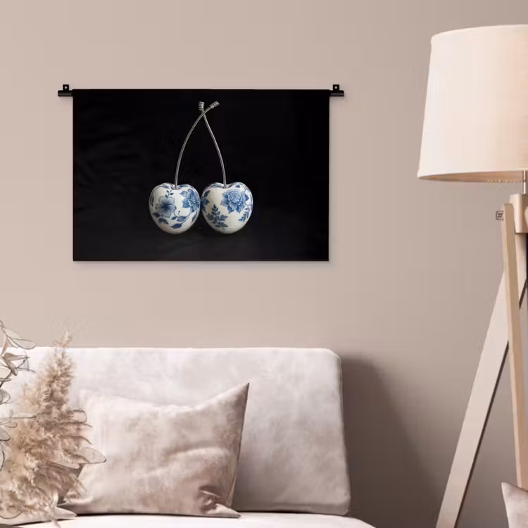 Kersen - Delfts blauw - Fruit Wandkleed katoen klein -sfeer4