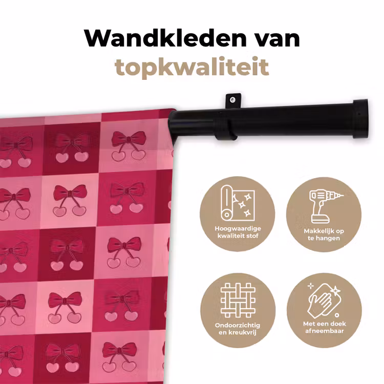 Kersen - Strikjes - Speels - Roze - Bordeaux Wandkleed katoen klein 269 -sfeer2