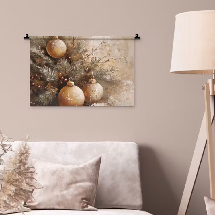 Kerst - Kerstballen - Beige - Goud Wandkleed katoen klein -sfeer4