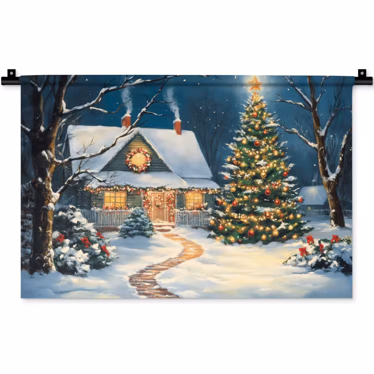 Kerst - Kerstboom - Winter - Huis - Sneeuw Wandkleed katoen klein -zz3d