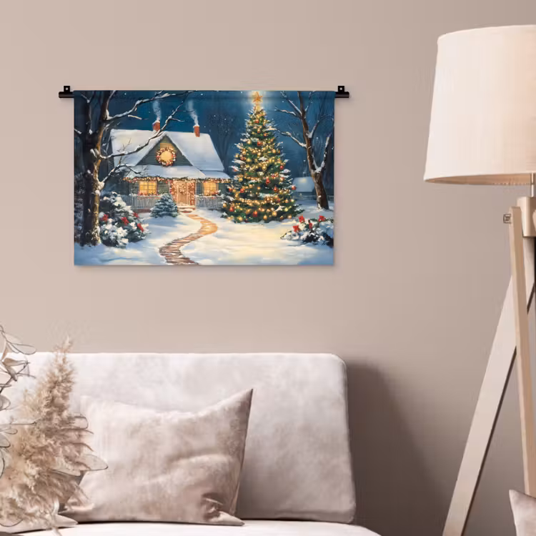 Kerst - Kerstboom - Winter - Huis - Sneeuw Wandkleed katoen klein -sfeer4
