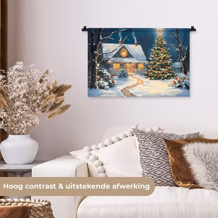 Kerst - Kerstboom - Winter - Huis - Sneeuw Wandkleed katoen klein -sfeer1