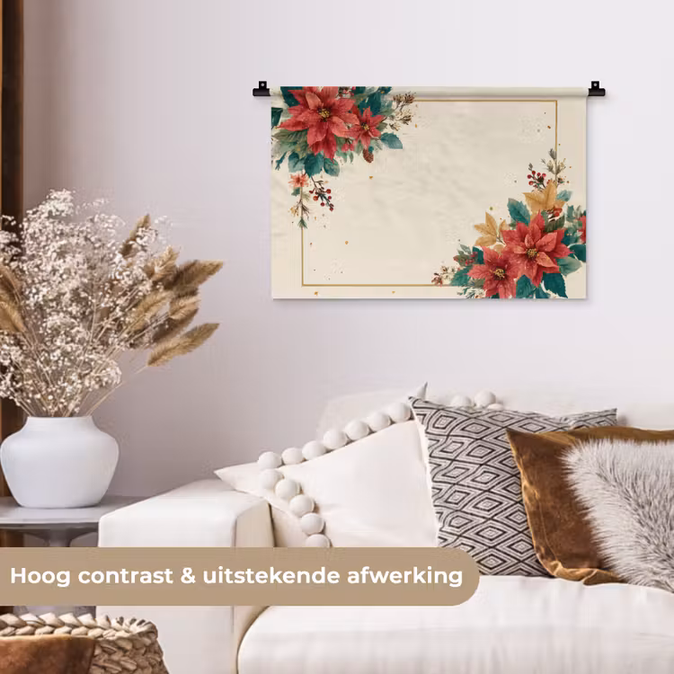 Kerst - Poinsettia - Omlijsting - Kleurrijk Wandkleed katoen klein -sfeer1