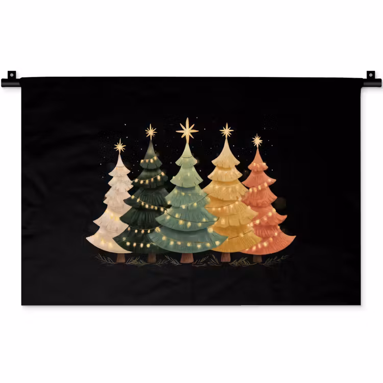 Kerstbomen - Kleurrijk - Lichtjes - Ster Wandkleed katoen klein -zz3d