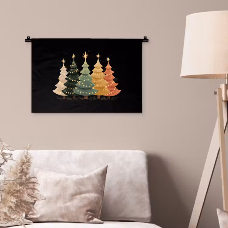 Kerstbomen - Kleurrijk - Lichtjes - Ster Wandkleed katoen klein -sfeer4