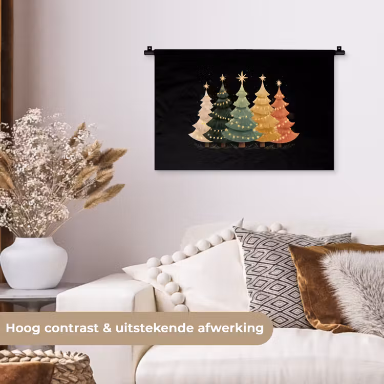 Kerstbomen - Kleurrijk - Lichtjes - Ster Wandkleed katoen klein -sfeer1