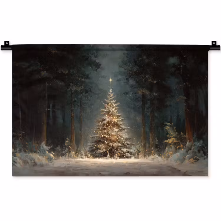 Kerstboom - Bos - Sneeuw - meerkleurig Wandkleed katoen klein -zz3d