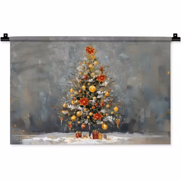 Kerstboom - Cadeaus - Rood - Goud Wandkleed katoen klein -zz3d
