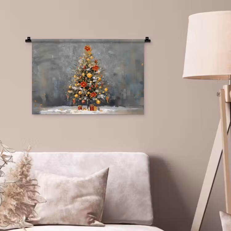 Kerstboom - Cadeaus - Rood - Goud Wandkleed katoen klein -sfeer4
