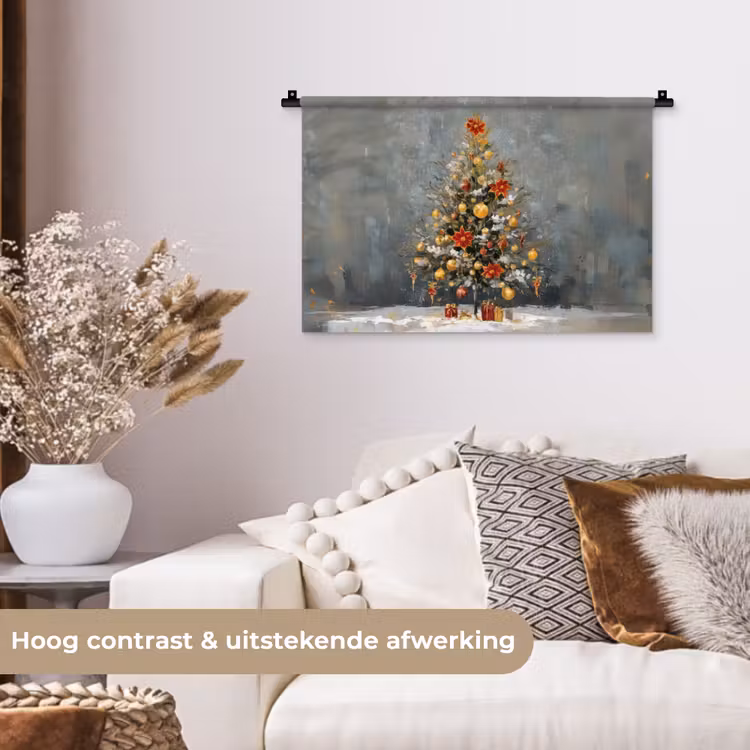 Kerstboom - Cadeaus - Rood - Goud Wandkleed katoen klein -sfeer1