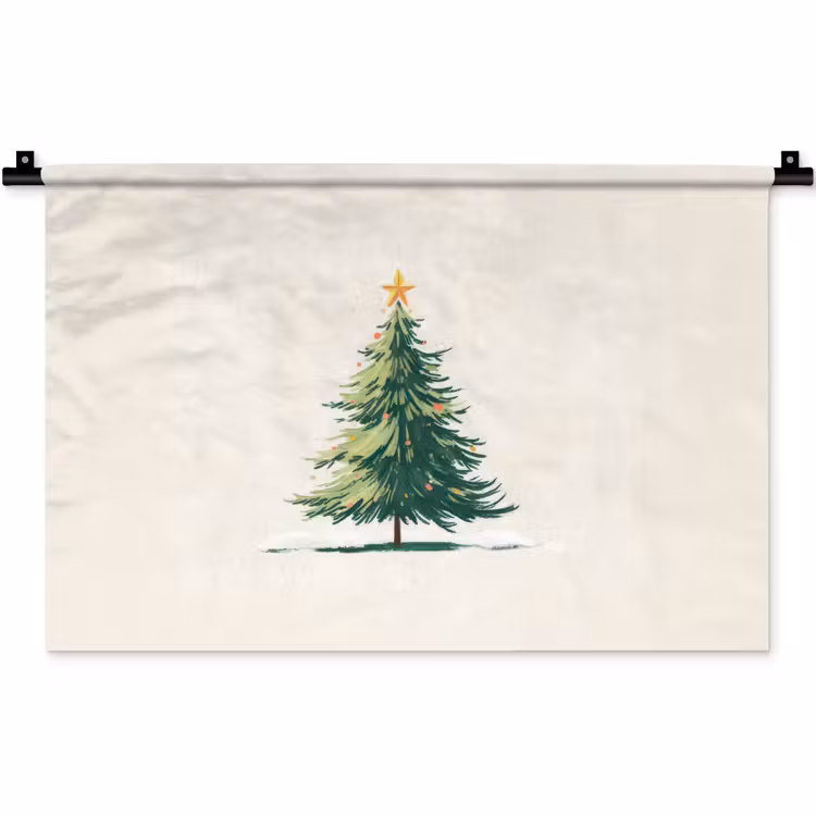 Kerstboom - Illustratie - Ster - Sneeuw Wandkleed katoen klein -zz3d