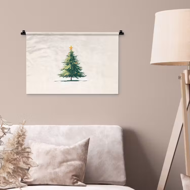 Kerstboom - Illustratie - Ster - Sneeuw Wandkleed katoen klein -sfeer4