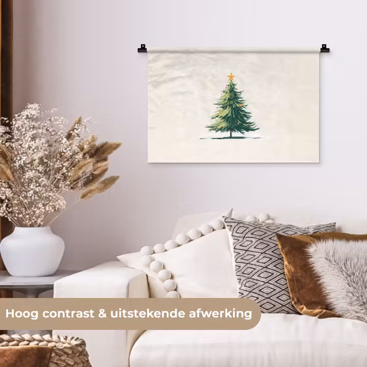 Kerstboom - Illustratie - Ster - Sneeuw Wandkleed katoen klein -sfeer1