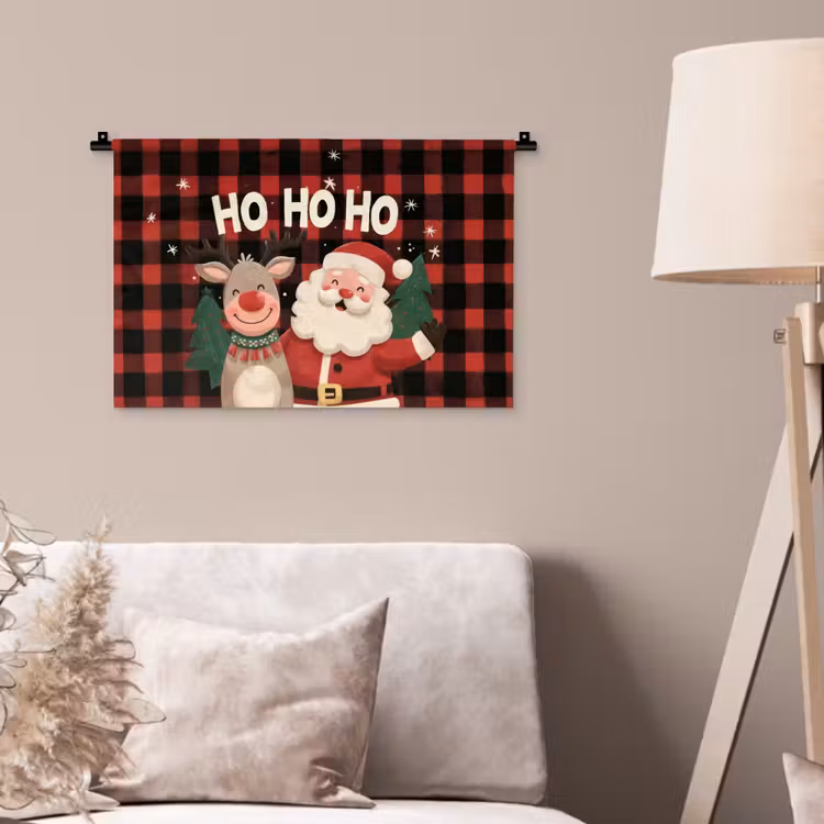 Kerstman - Rendier - Tekst - Rood - Zwart Wandkleed katoen klein -sfeer4