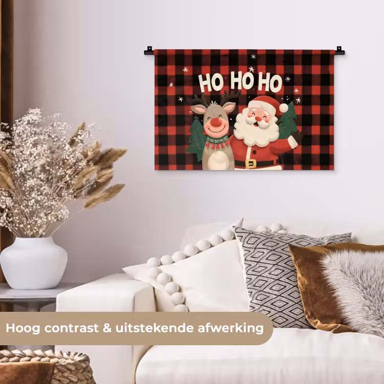 Kerstman - Rendier - Tekst - Rood - Zwart Wandkleed katoen klein -sfeer1