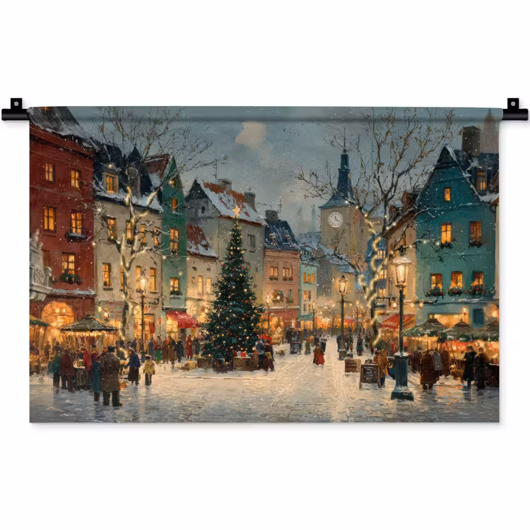 Kerstsfeer - Stadsplein - Kleurrijk Wandkleed katoen klein -zz3d