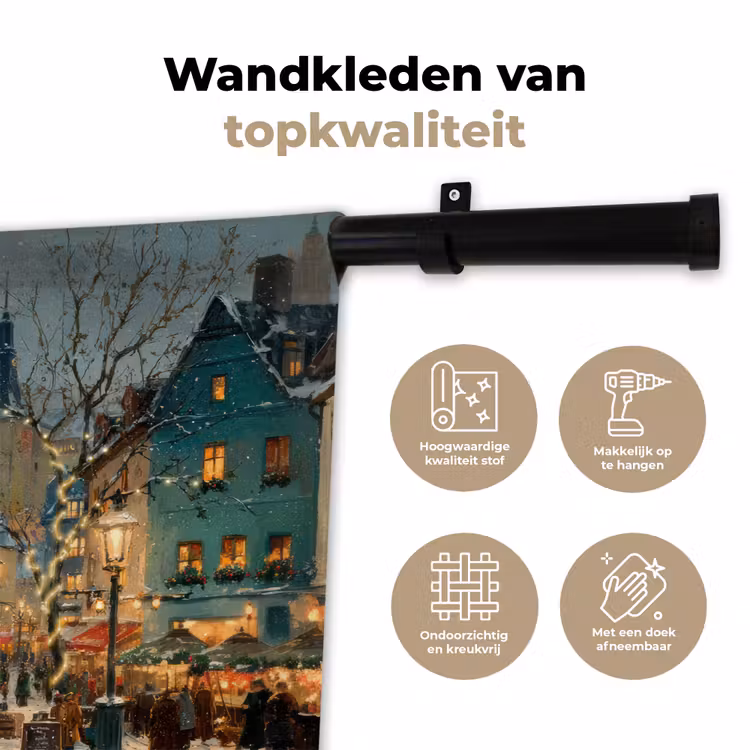 Kerstsfeer - Stadsplein - Kleurrijk Wandkleed katoen klein -sfeer2