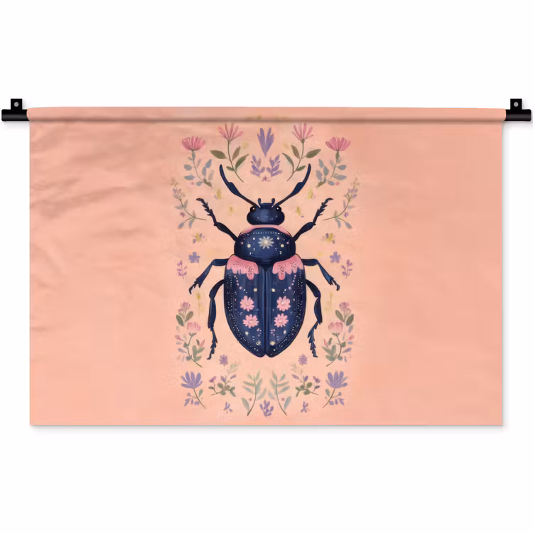 Kever - Donkerblauw - Bloemen - Sierlijk Wandkleed katoen klein -zz3d
