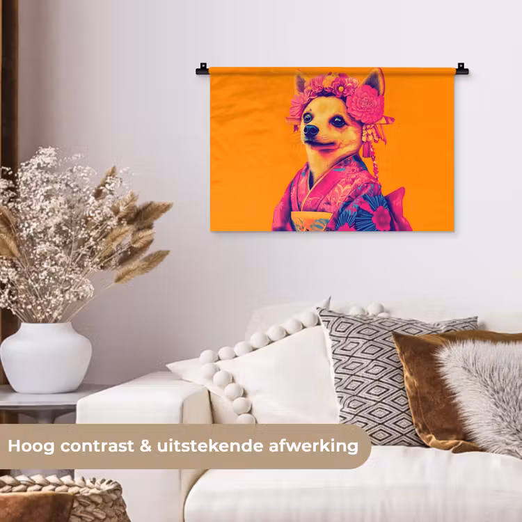 Kimono - Hondje - Bloemenkroon - Oranje Wandkleed katoen klein -sfeer1