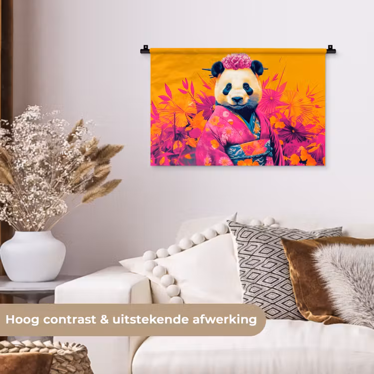 Kimono - Roze - Panda - Bloemenkroon Wandkleed katoen klein -sfeer1