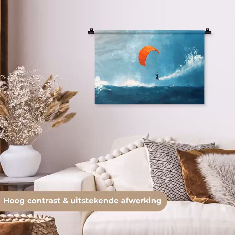 Kitesurfer - Oranje - Zee - Lucht Wandkleed katoen klein -sfeer1