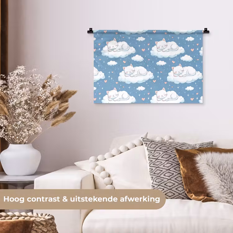 Kitten - Wolken - Blauw Wandkleed katoen klein 269 -sfeer1