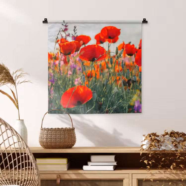 Klaproos - Bloemen - Rood - Paars - Weide Wandkleed katoen klein -sfeer5