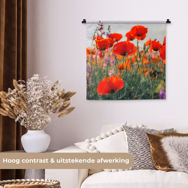 Klaproos - Bloemen - Rood - Paars - Weide Wandkleed katoen klein -sfeer1