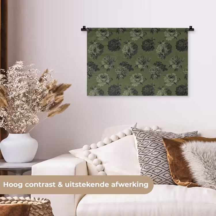 Klassiek - botanisch - olijfgroen - bloemen Wandkleed katoen klein 269 -sfeer1