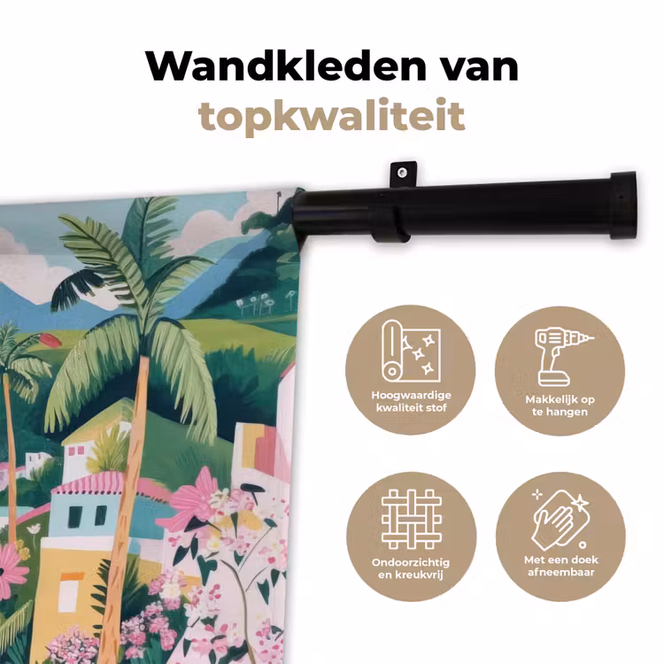 Kleurrijk - Huizen - Heuvels - Roze Wandkleed katoen klein -sfeer2