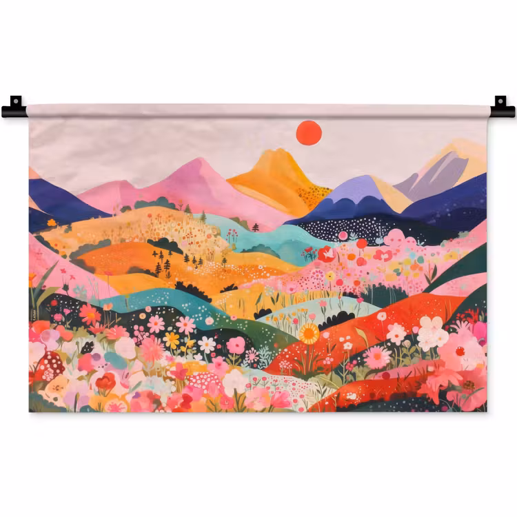 Kleurrijke bloemen - Bergen - Fantasielandschap Wandkleed katoen klein -zz3d