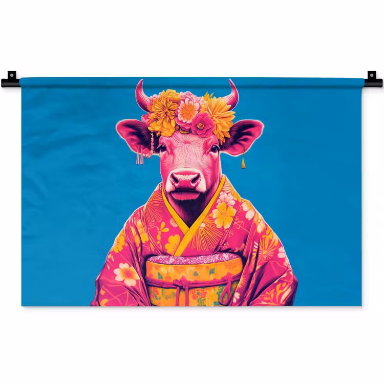 Koe - Bloemenkrans - Oorhangers - Kimono Wandkleed katoen klein -zz3d