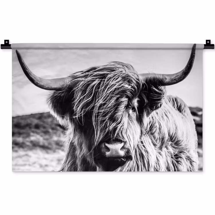 Koe - Schotse hooglander - Zwart - Wit - Dier - Natuur - Wild Wandkleed katoen klein -zz3d