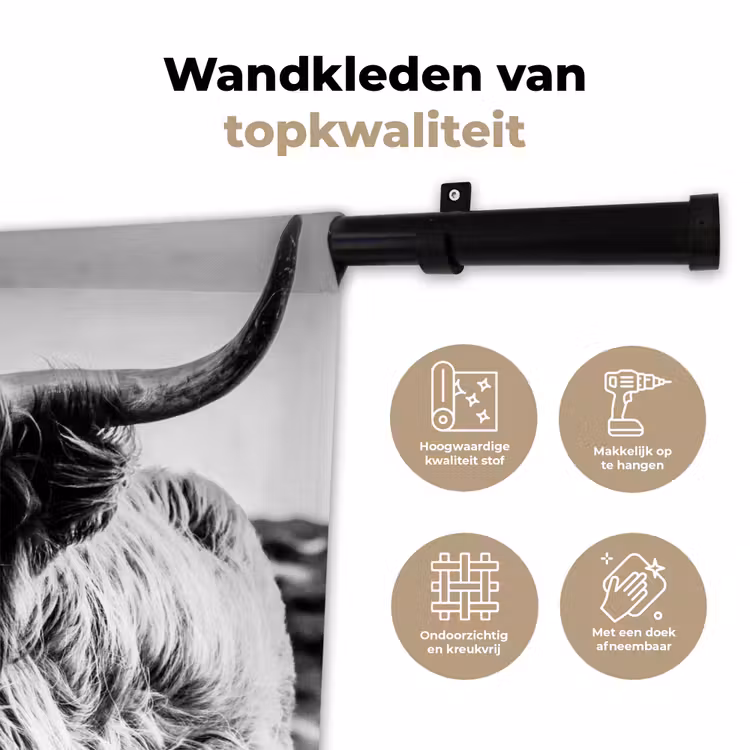 Koe - Schotse hooglander - Zwart - Wit - Dier - Natuur - Wild Wandkleed katoen klein -sfeer2