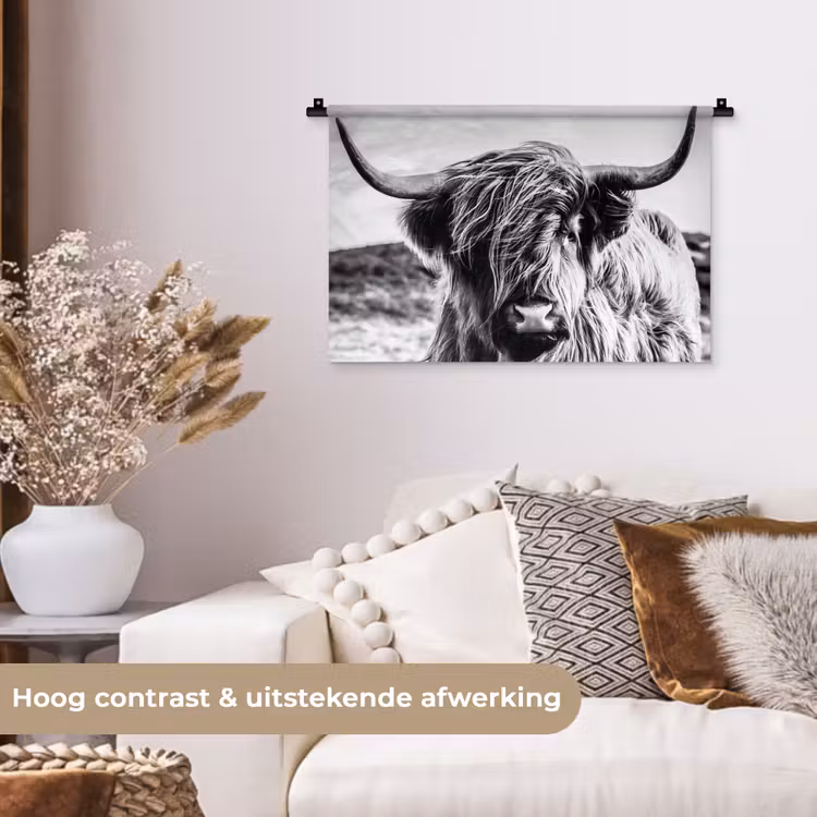 Koe - Schotse hooglander - Zwart - Wit - Dier - Natuur - Wild Wandkleed katoen klein -sfeer1