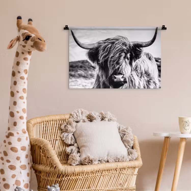 Koe - Schotse hooglander - Zwart - Wit - Dier - Natuur - Wild Wandkleed katoen klein -wsfeer5_kind
