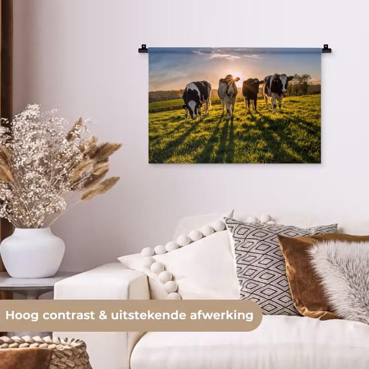 Koeien - Zon - Gras - Dieren - Boerderij Wandkleed katoen klein -sfeer1