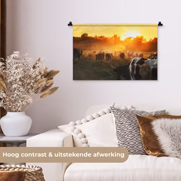 Koeien - Zonsondergang - Weiland - Dieren Wandkleed katoen klein -sfeer1