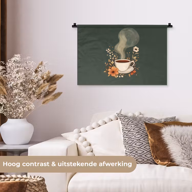 Kop - Bloemen - Groen - Koffie Wandkleed katoen klein -sfeer1