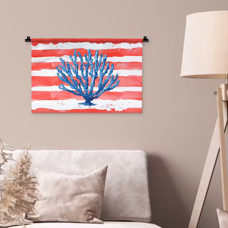 Koraal - Verfstructuur - Rood - Blauw Wandkleed katoen klein -sfeer4