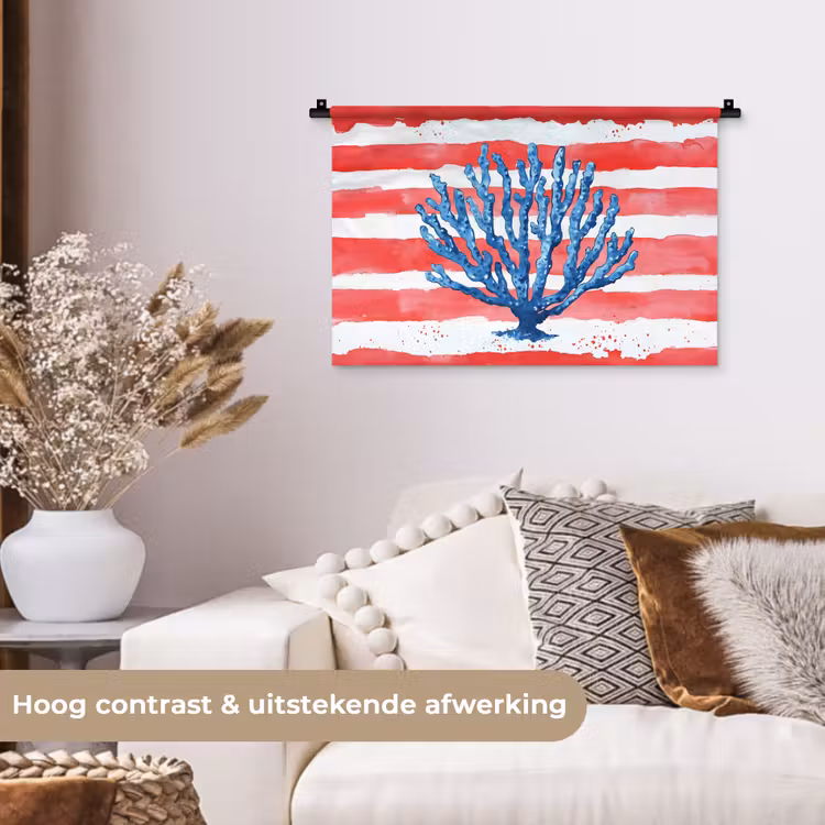 Koraal - Verfstructuur - Rood - Blauw Wandkleed katoen klein -sfeer1